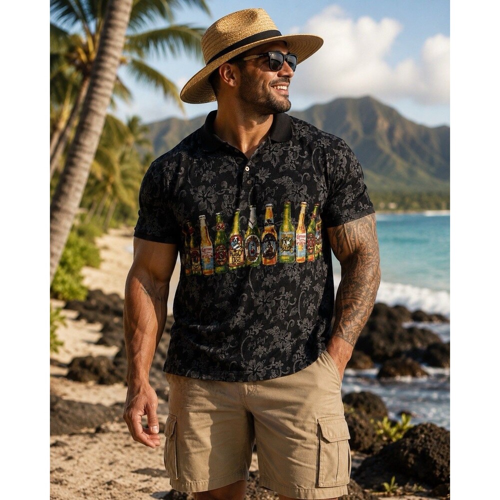 Big Dog Hawaiian Mens Black Beer Bottle  Short Sleeve Button Front Shirt Size XL